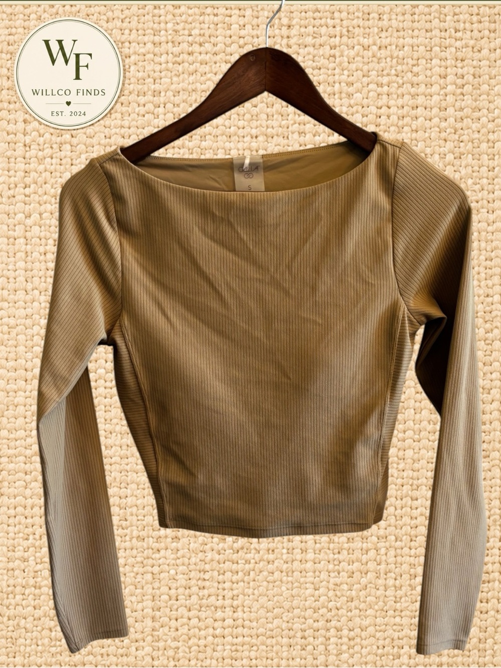 CALIA Women’s Small Beige Ribbed Long Sleeve Square Neck Cropped Top